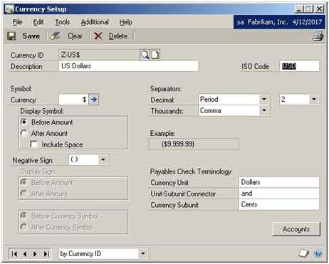 Select the Currency to set the ISO code